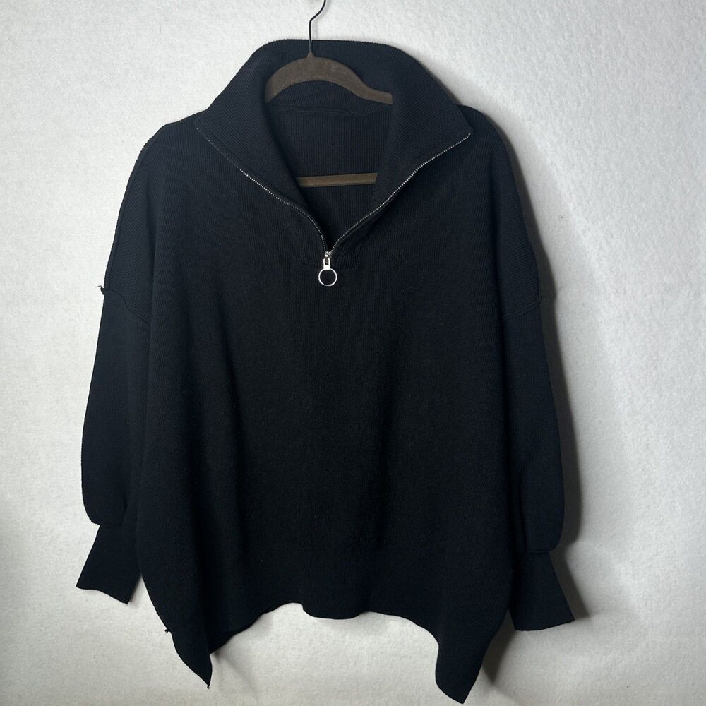 Lillusory Pullover 1/4 Zip Black Oversized Medium Balloon Sleeve Casual Chic